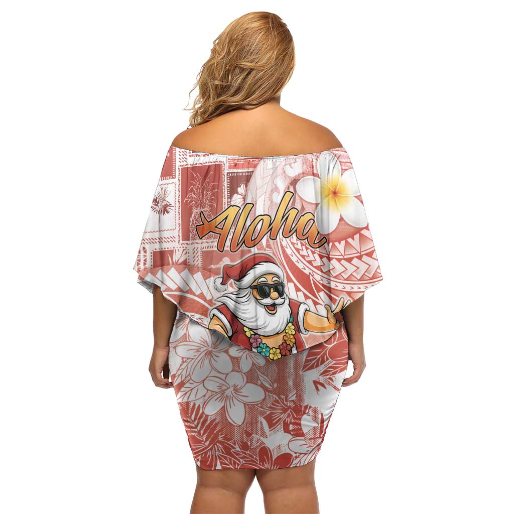Hawaii Mele Kalikimaka Off Shoulder Short Dress Hula Santa Retro Style Red - Polynesian Pride
