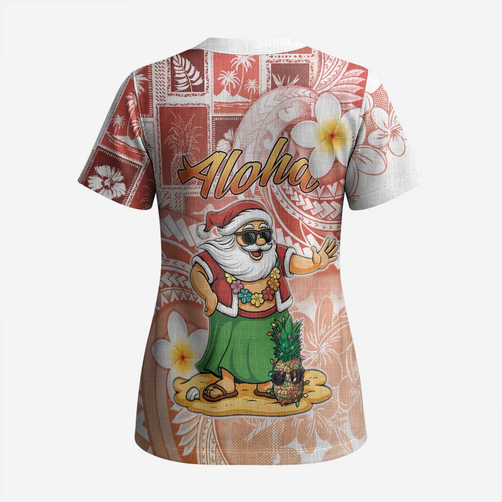 Hawaii Mele Kalikimaka Scrub Top Hula Santa Retro Style Red LT05 - Polynesian Pride