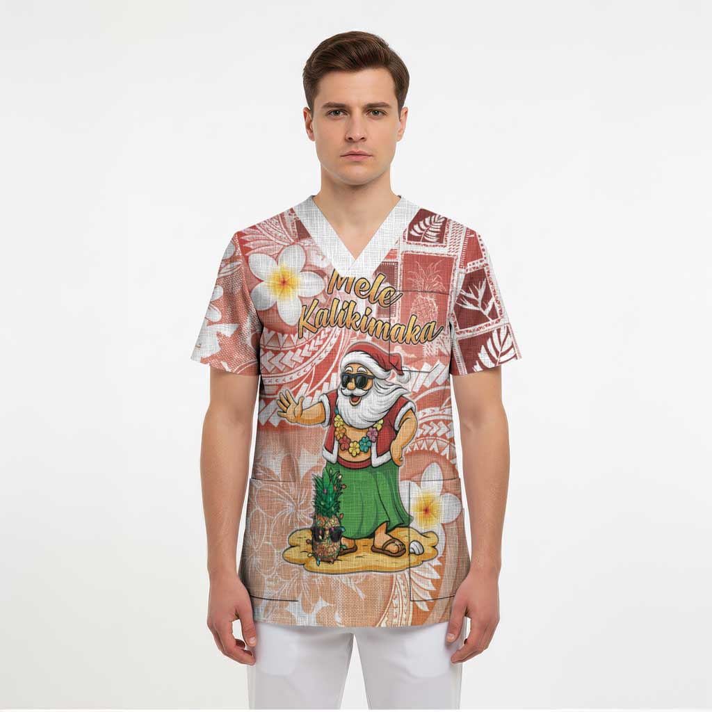 Hawaii Mele Kalikimaka Scrub Top Hula Santa Retro Style Red LT05 - Polynesian Pride