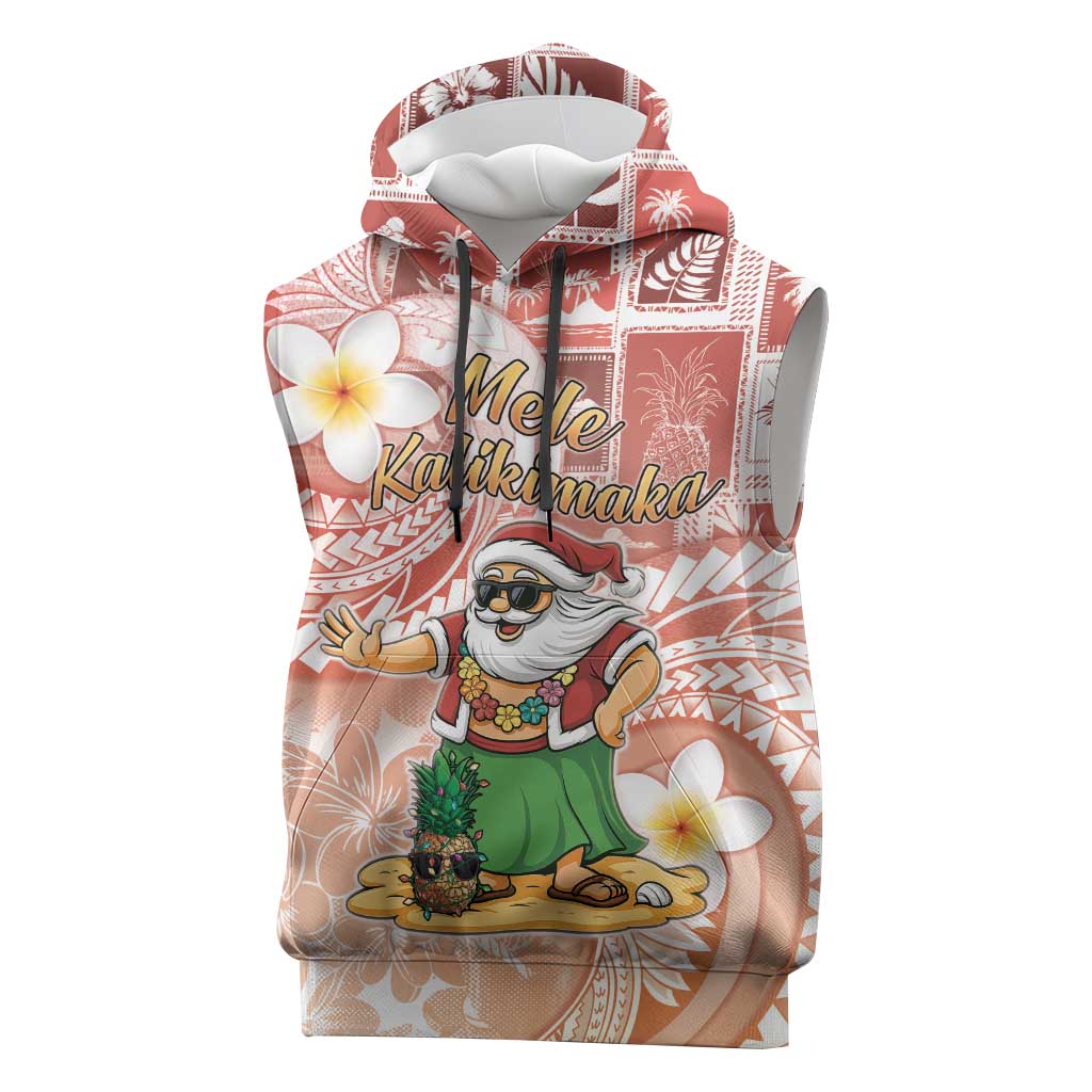 Hawaii Mele Kalikimaka Sleeveless Hoodie Hula Santa Retro Style Red - Polynesian Pride