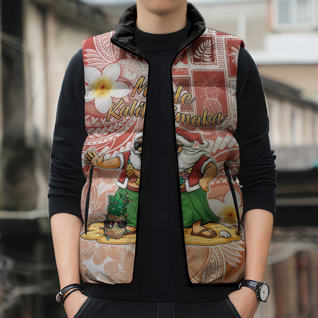 Hawaii Mele Kalikimaka Sleeveless Puffer Jacket Hula Santa Retro Style Red - Polynesian Pride