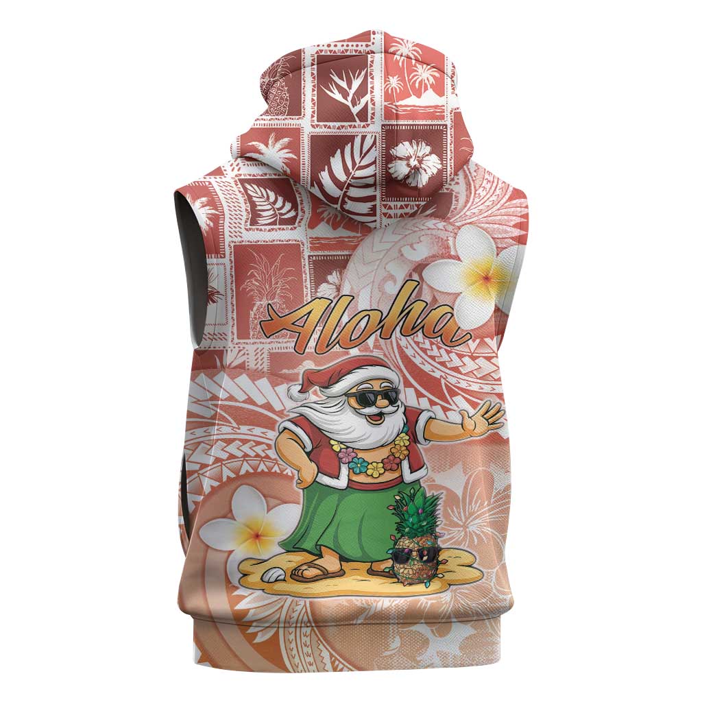 Hawaii Mele Kalikimaka Sleeveless Zip Hoodie Hula Santa Retro Style Red - Polynesian Pride