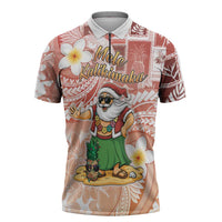 Hawaii Mele Kalikimaka Zipper Polo Shirt Hula Santa Retro Style Red - Polynesian Pride