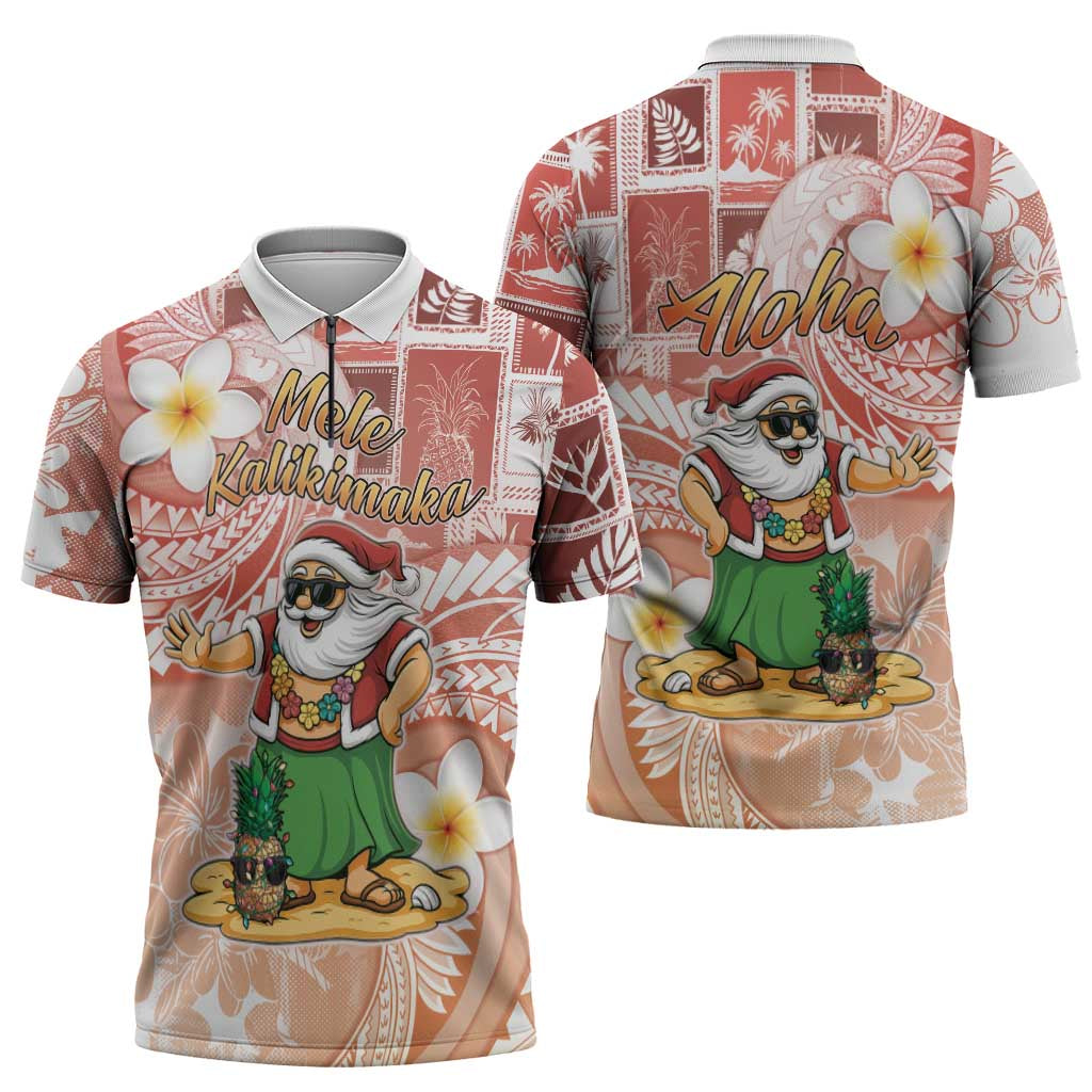 Hawaii Mele Kalikimaka Zipper Polo Shirt Hula Santa Retro Style Red - Polynesian Pride