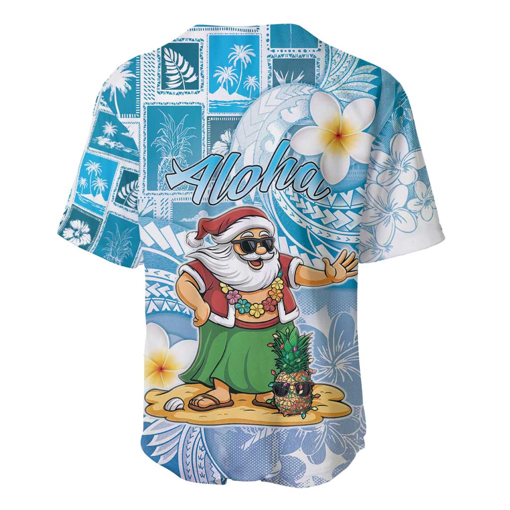 Hawaii Mele Kalikimaka Baseball Jersey Hula Santa Retro Style Blue - Polynesian Pride