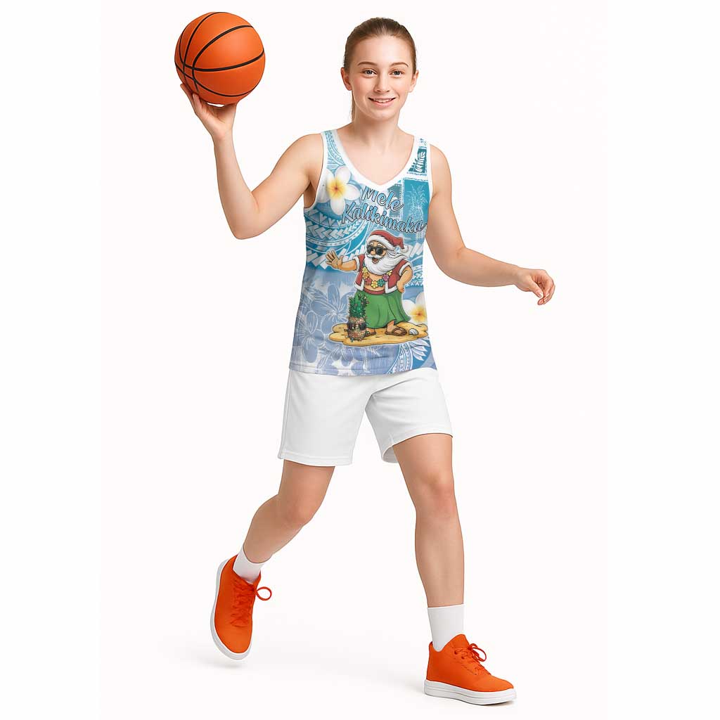 Hawaii Mele Kalikimaka Basketball Jersey Hula Santa Retro Style Blue - Polynesian Pride
