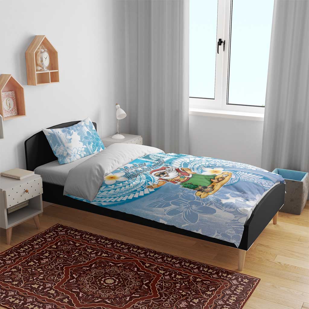 Hawaii Mele Kalikimaka Bedding Set Hula Santa Retro Style Blue - Polynesian Pride