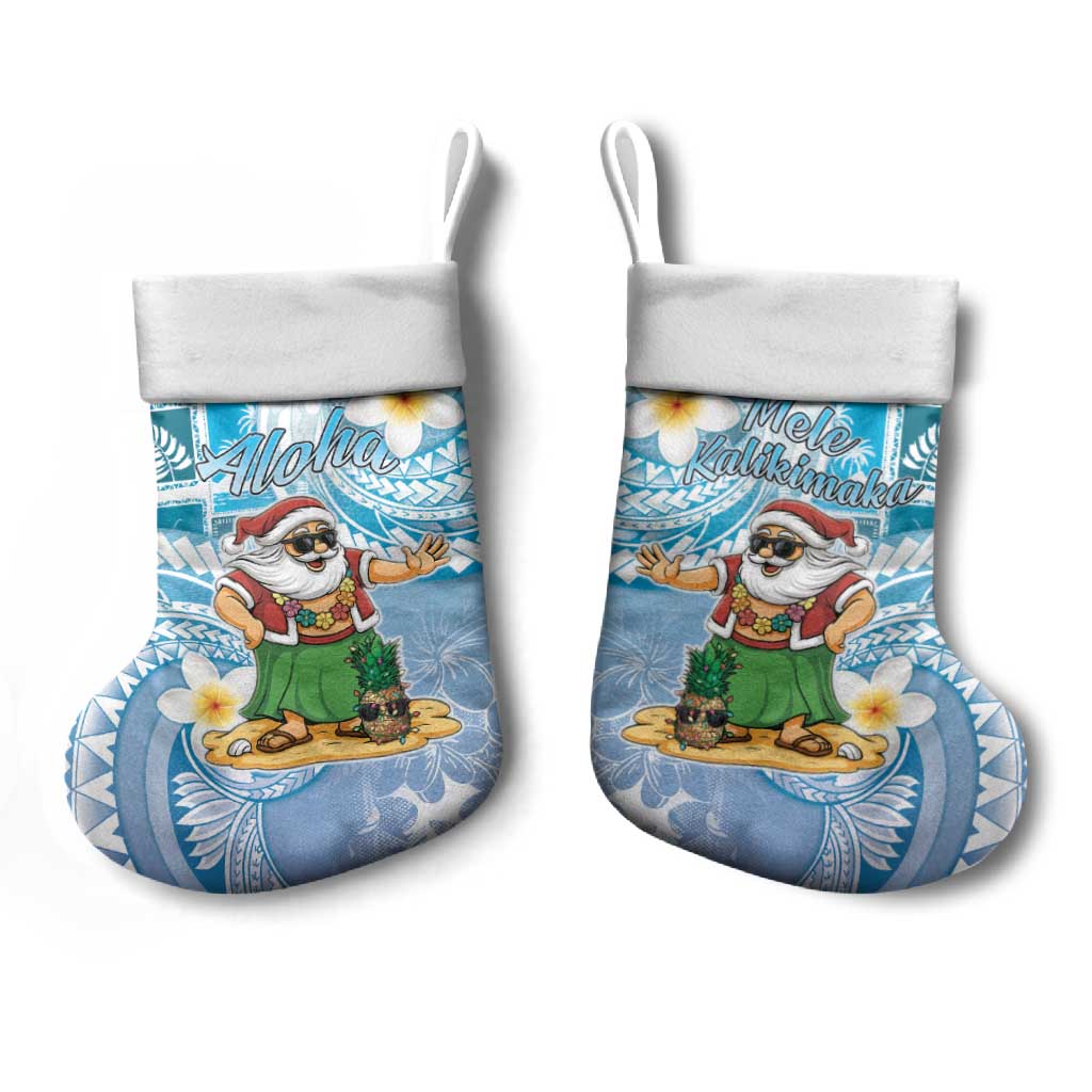 Hawaii Mele Kalikimaka Christmas Stocking Hula Santa Retro Style Blue - Polynesian Pride