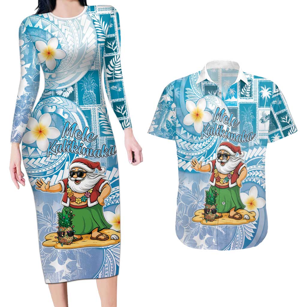 Hawaii Mele Kalikimaka Couples Matching Long Sleeve Bodycon Dress and Hawaiian Shirt Hula Santa Retro Style Blue LT05 Blue - Polynesian Pride