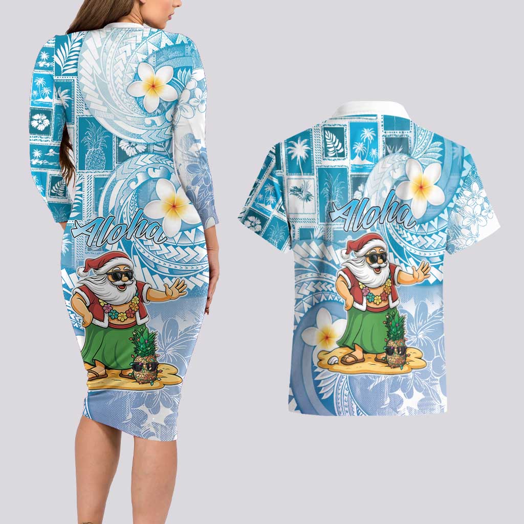 Hawaii Mele Kalikimaka Couples Matching Long Sleeve Bodycon Dress and Hawaiian Shirt Hula Santa Retro Style Blue LT05 - Polynesian Pride
