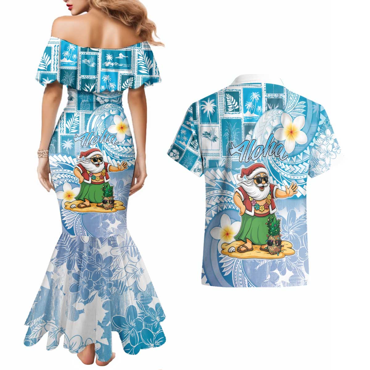Hawaii Mele Kalikimaka Couples Matching Mermaid Dress and Hawaiian Shirt Hula Santa Retro Style Blue LT05 - Polynesian Pride