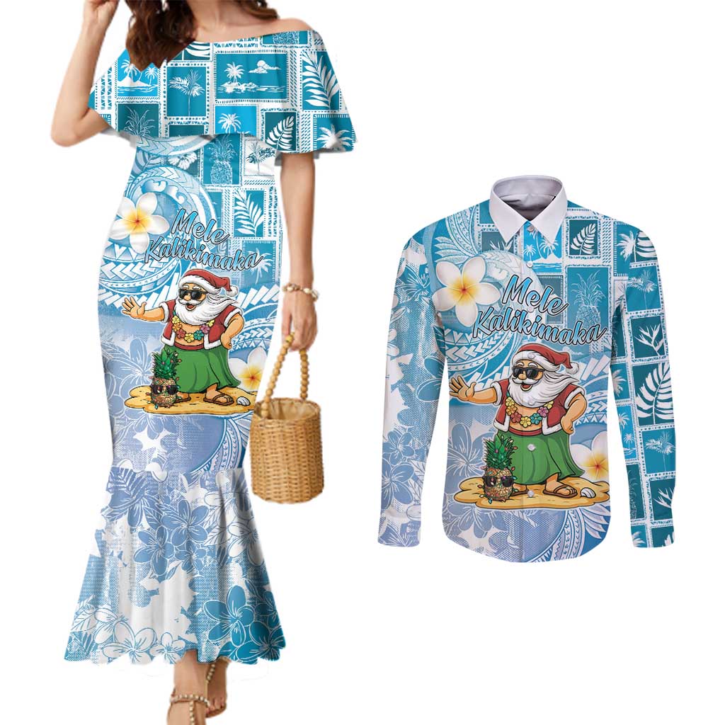 Hawaii Mele Kalikimaka Couples Matching Mermaid Dress and Long Sleeve Button Shirt Hula Santa Retro Style Blue LT05 Blue - Polynesian Pride
