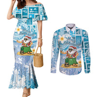 Hawaii Mele Kalikimaka Couples Matching Mermaid Dress and Long Sleeve Button Shirt Hula Santa Retro Style Blue LT05 Blue - Polynesian Pride