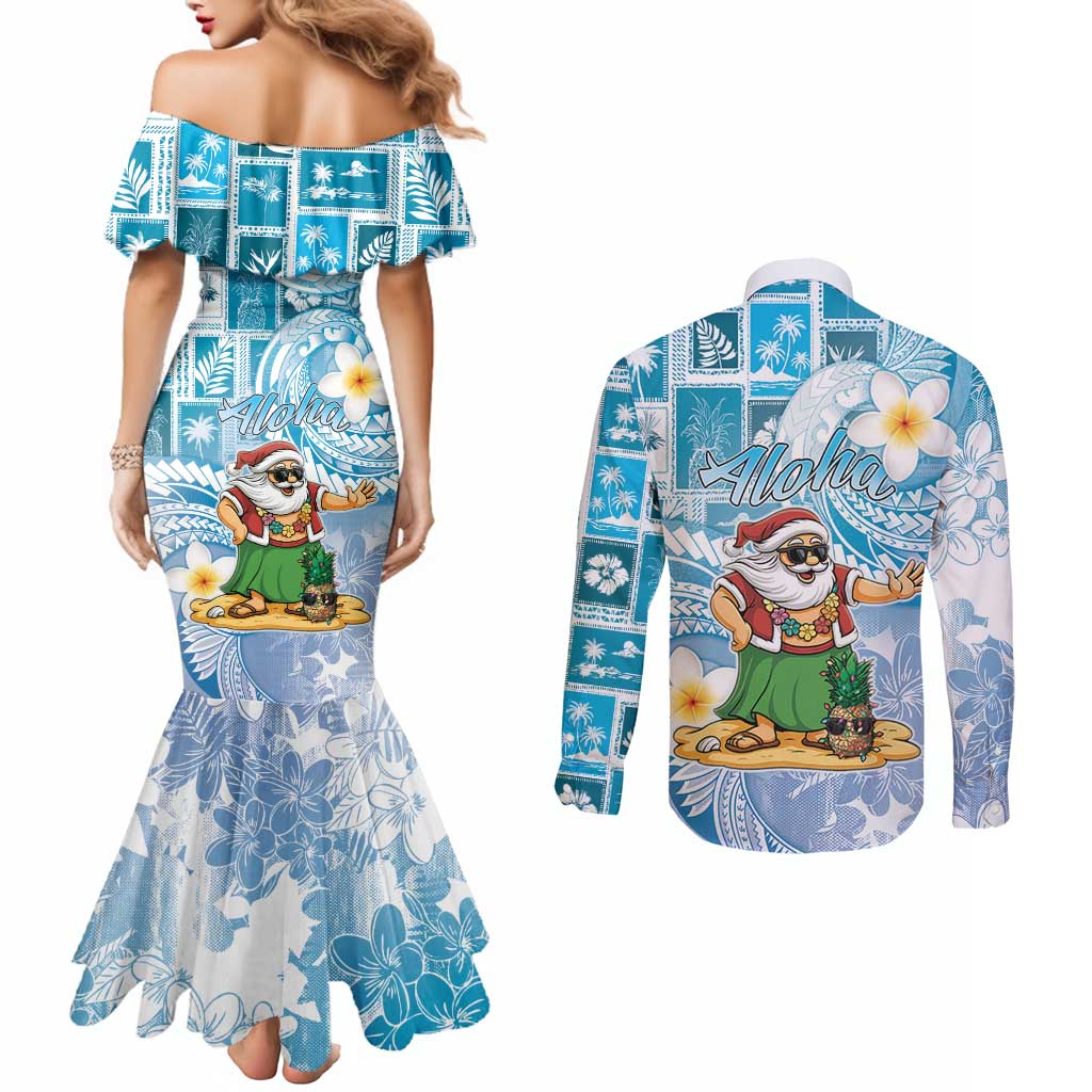 Hawaii Mele Kalikimaka Couples Matching Mermaid Dress and Long Sleeve Button Shirt Hula Santa Retro Style Blue LT05 - Polynesian Pride