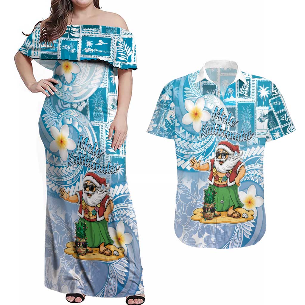 Hawaii Mele Kalikimaka Couples Matching Off Shoulder Maxi Dress and Hawaiian Shirt Hula Santa Retro Style Blue LT05 Blue - Polynesian Pride