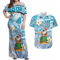 Hawaii Mele Kalikimaka Couples Matching Off Shoulder Maxi Dress and Hawaiian Shirt Hula Santa Retro Style Blue LT05 Blue - Polynesian Pride