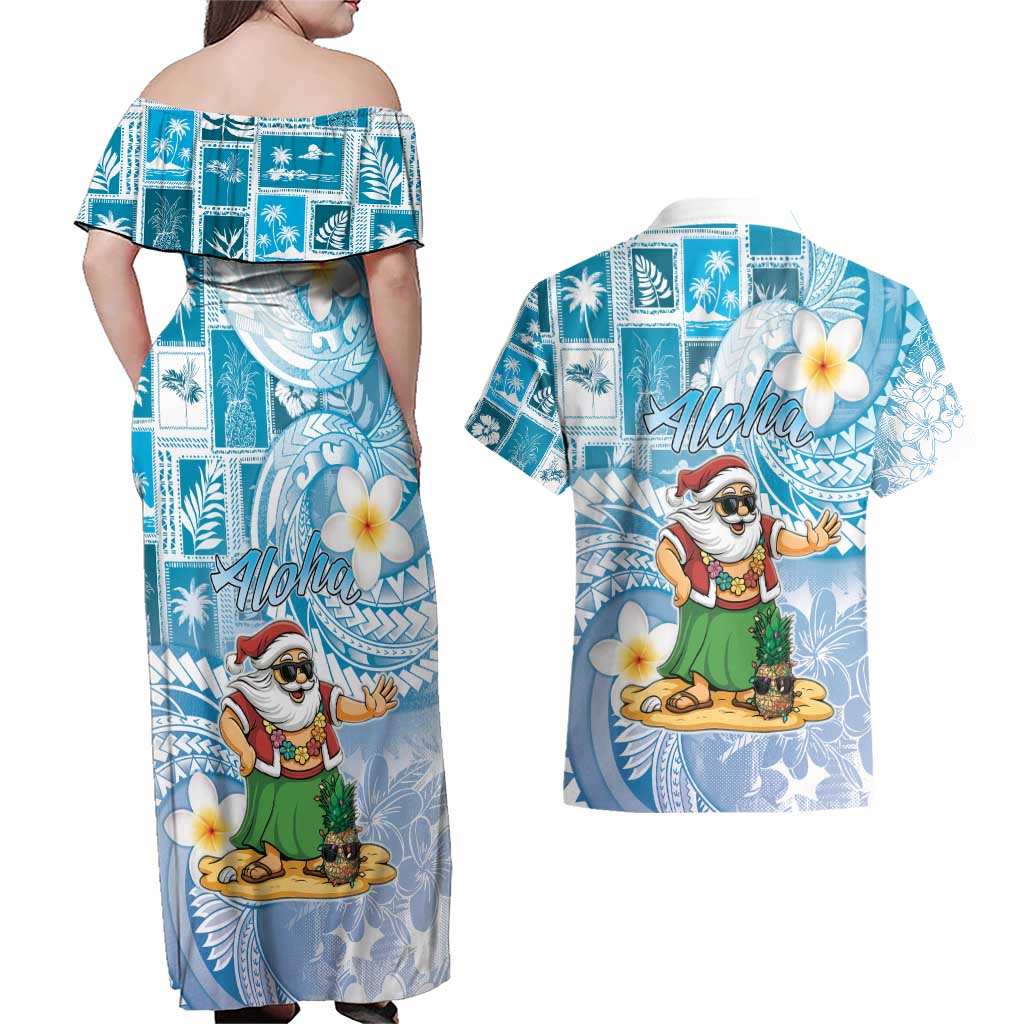 Hawaii Mele Kalikimaka Couples Matching Off Shoulder Maxi Dress and Hawaiian Shirt Hula Santa Retro Style Blue LT05 - Polynesian Pride