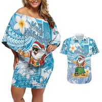 Hawaii Mele Kalikimaka Couples Matching Off Shoulder Short Dress and Hawaiian Shirt Hula Santa Retro Style Blue LT05 Blue - Polynesian Pride
