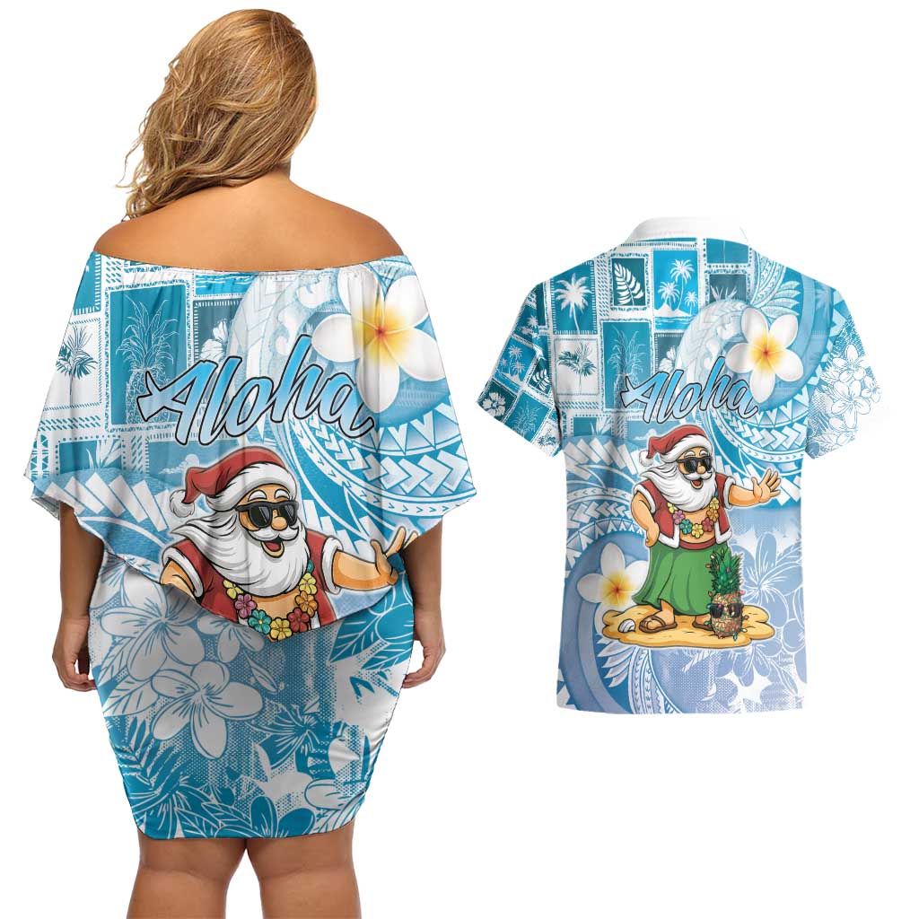 Hawaii Mele Kalikimaka Couples Matching Off Shoulder Short Dress and Hawaiian Shirt Hula Santa Retro Style Blue LT05 - Polynesian Pride