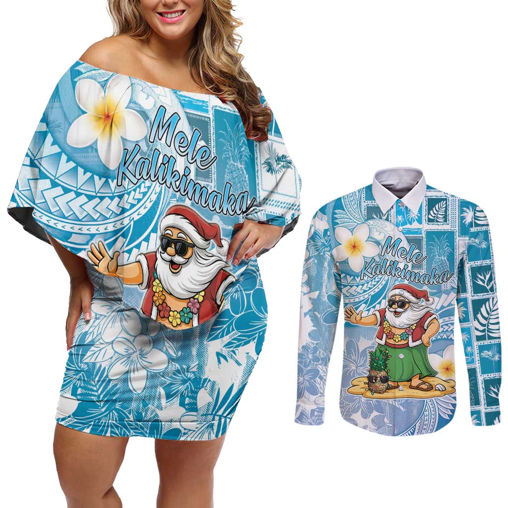 Hawaii Mele Kalikimaka Couples Matching Off Shoulder Short Dress and Long Sleeve Button Shirt Hula Santa Retro Style Blue LT05 Blue - Polynesian Pride