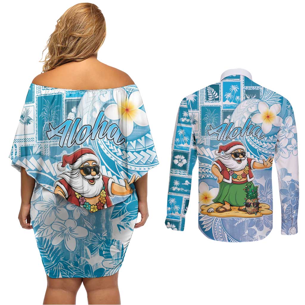 Hawaii Mele Kalikimaka Couples Matching Off Shoulder Short Dress and Long Sleeve Button Shirt Hula Santa Retro Style Blue LT05 - Polynesian Pride