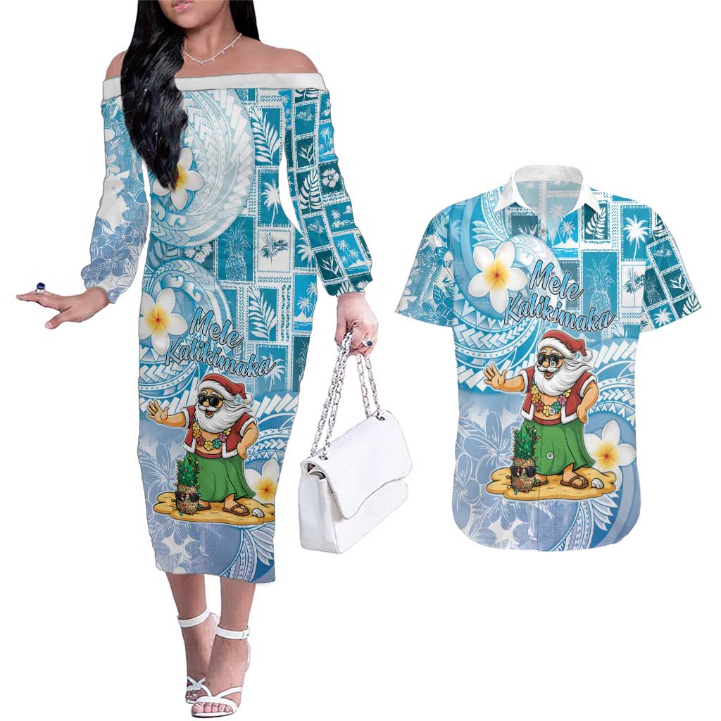Hawaii Mele Kalikimaka Couples Matching Off The Shoulder Long Sleeve Dress and Hawaiian Shirt Hula Santa Retro Style Blue LT05 Blue - Polynesian Pride