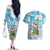 Hawaii Mele Kalikimaka Couples Matching Off The Shoulder Long Sleeve Dress and Hawaiian Shirt Hula Santa Retro Style Blue LT05 - Polynesian Pride