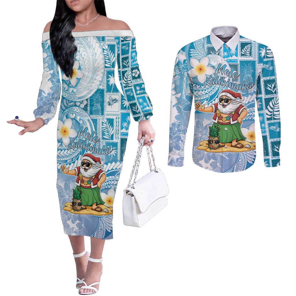 Hawaii Mele Kalikimaka Couples Matching Off The Shoulder Long Sleeve Dress and Long Sleeve Button Shirt Hula Santa Retro Style Blue LT05 Blue - Polynesian Pride