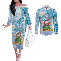 Hawaii Mele Kalikimaka Couples Matching Off The Shoulder Long Sleeve Dress and Long Sleeve Button Shirt Hula Santa Retro Style Blue LT05 Blue - Polynesian Pride