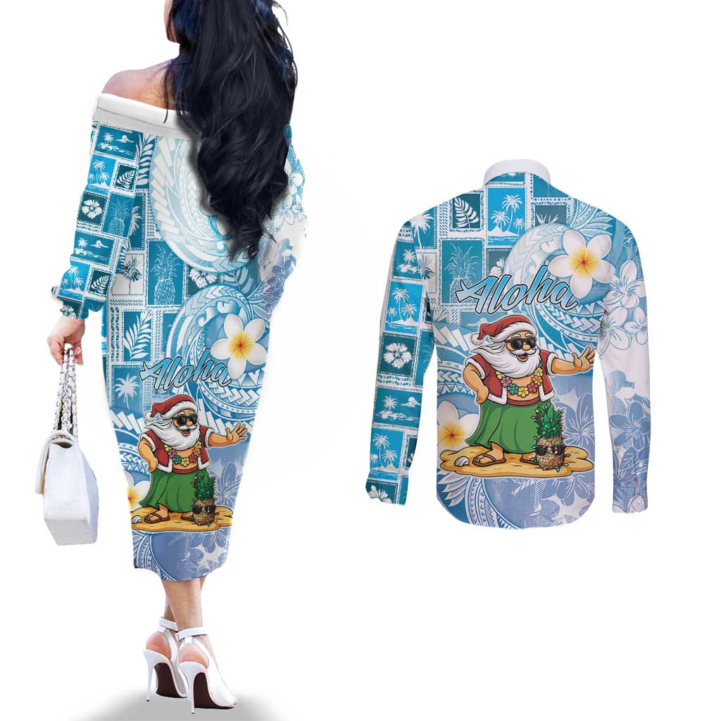 Hawaii Mele Kalikimaka Couples Matching Off The Shoulder Long Sleeve Dress and Long Sleeve Button Shirt Hula Santa Retro Style Blue LT05 - Polynesian Pride