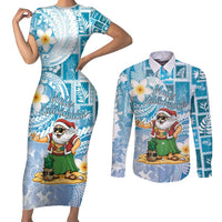 Hawaii Mele Kalikimaka Couples Matching Short Sleeve Bodycon Dress and Long Sleeve Button Shirt Hula Santa Retro Style Blue LT05 Blue - Polynesian Pride