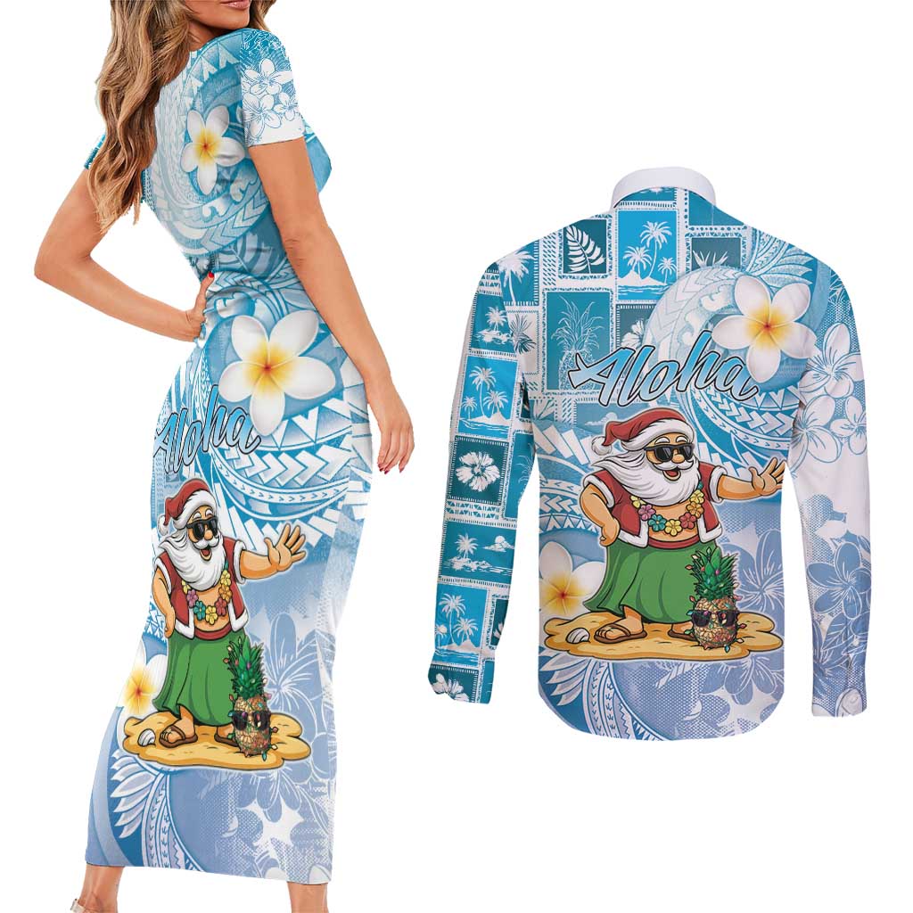 Hawaii Mele Kalikimaka Couples Matching Short Sleeve Bodycon Dress and Long Sleeve Button Shirt Hula Santa Retro Style Blue LT05 - Polynesian Pride
