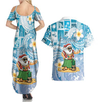 Hawaii Mele Kalikimaka Couples Matching Summer Maxi Dress and Hawaiian Shirt Hula Santa Retro Style Blue LT05 - Polynesian Pride