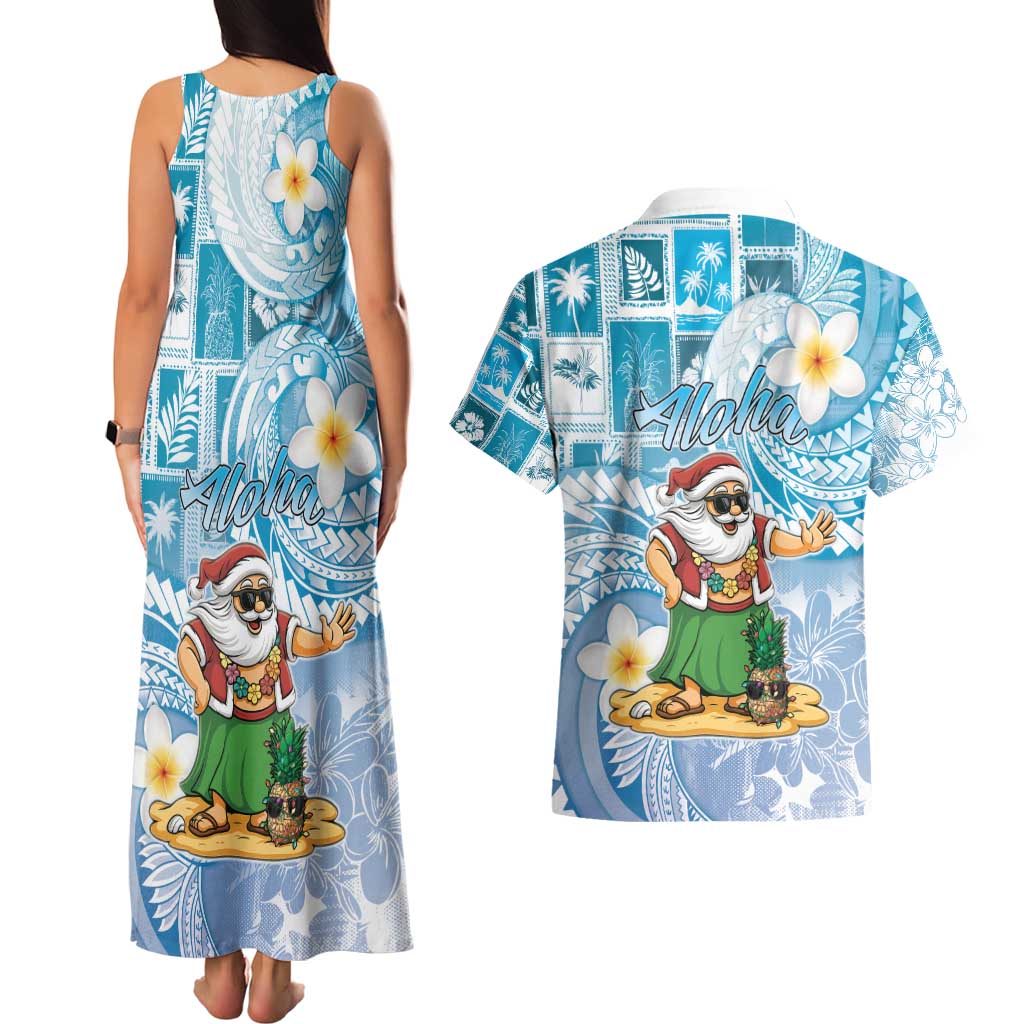 Hawaii Mele Kalikimaka Couples Matching Tank Maxi Dress and Hawaiian Shirt Hula Santa Retro Style Blue LT05 - Polynesian Pride