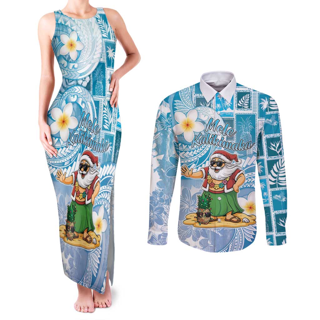Hawaii Mele Kalikimaka Couples Matching Tank Maxi Dress and Long Sleeve Button Shirt Hula Santa Retro Style Blue LT05 Blue - Polynesian Pride