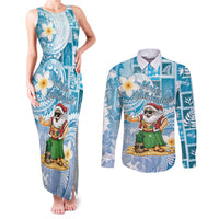 Hawaii Mele Kalikimaka Couples Matching Tank Maxi Dress and Long Sleeve Button Shirt Hula Santa Retro Style Blue LT05 Blue - Polynesian Pride