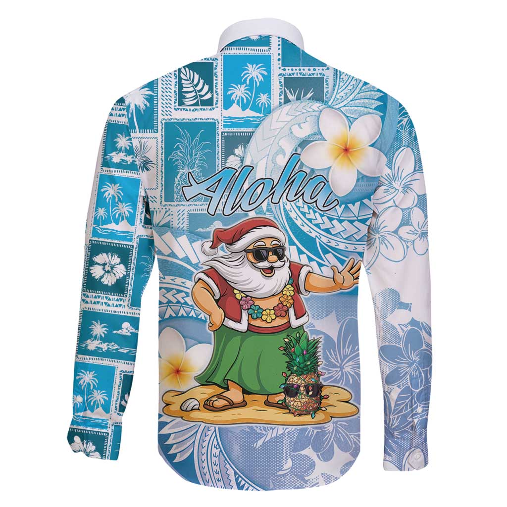 Hawaii Mele Kalikimaka Family Matching Long Sleeve Bodycon Dress and Hawaiian Shirt Hula Santa Retro Style Blue LT05 - Polynesian Pride