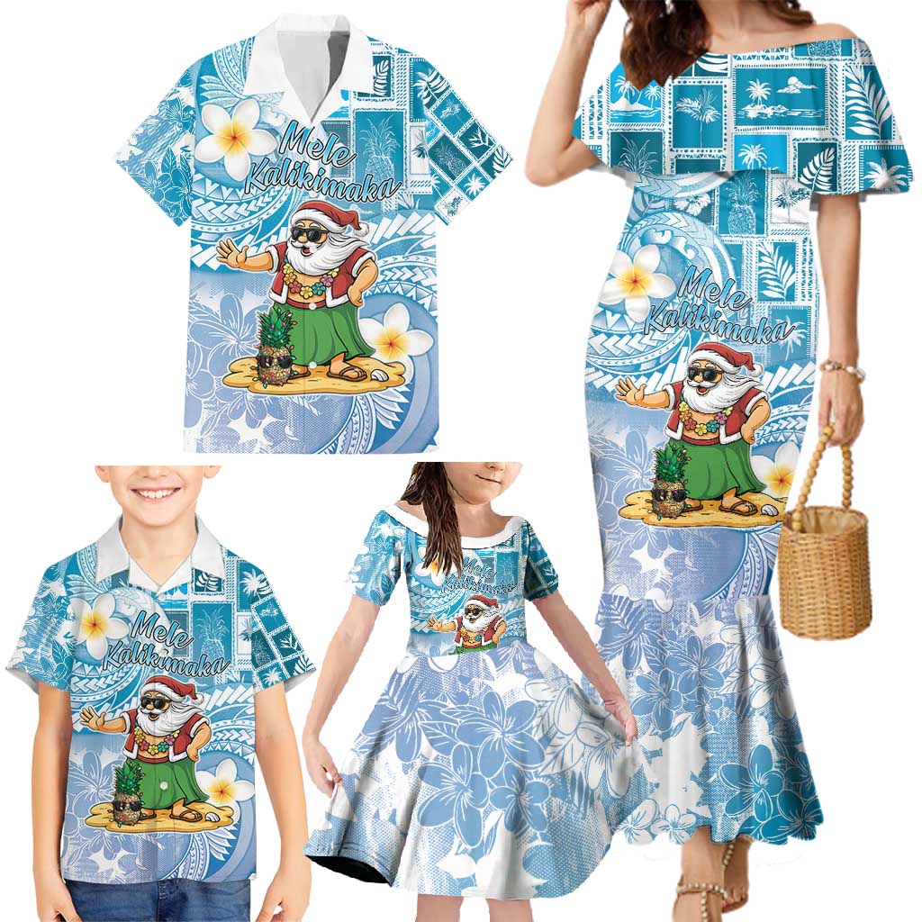Hawaii Mele Kalikimaka Family Matching Mermaid Dress and Hawaiian Shirt Hula Santa Retro Style Blue LT05 - Polynesian Pride