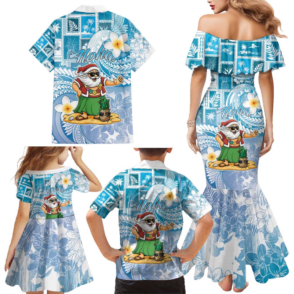 Hawaii Mele Kalikimaka Family Matching Mermaid Dress and Hawaiian Shirt Hula Santa Retro Style Blue LT05 - Polynesian Pride