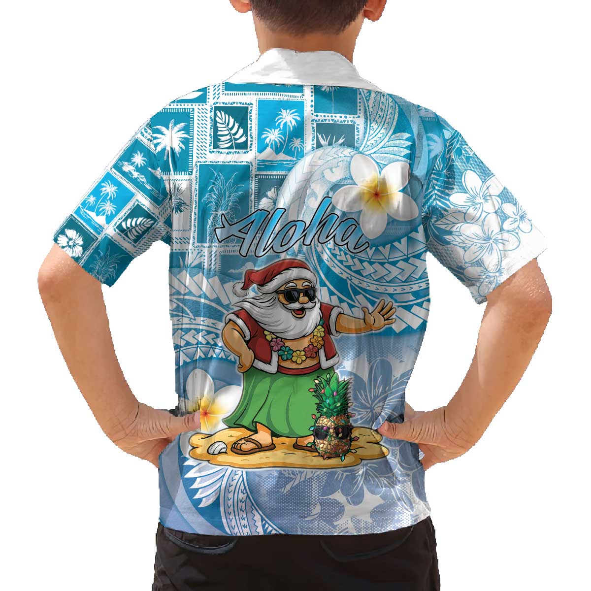 Hawaii Mele Kalikimaka Family Matching Off The Shoulder Long Sleeve Dress and Hawaiian Shirt Hula Santa Retro Style Blue LT05 - Polynesian Pride