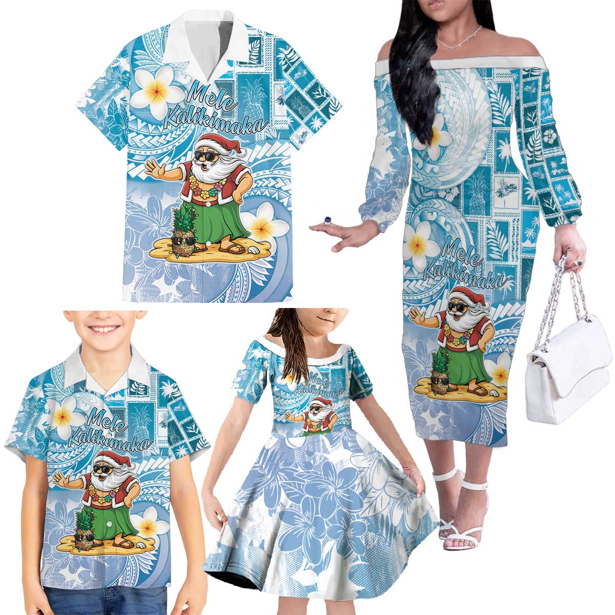 Hawaii Mele Kalikimaka Family Matching Off The Shoulder Long Sleeve Dress and Hawaiian Shirt Hula Santa Retro Style Blue LT05 - Polynesian Pride