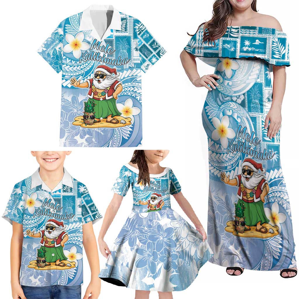 Hawaii Mele Kalikimaka Family Matching Off Shoulder Maxi Dress and Hawaiian Shirt Hula Santa Retro Style Blue LT05 - Polynesian Pride
