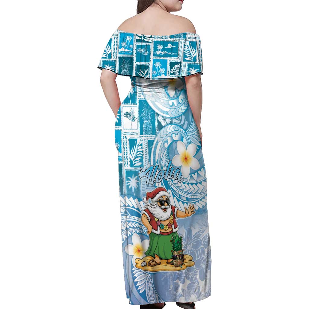 Hawaii Mele Kalikimaka Family Matching Off Shoulder Maxi Dress and Hawaiian Shirt Hula Santa Retro Style Blue LT05 - Polynesian Pride