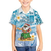Hawaii Mele Kalikimaka Family Matching Off Shoulder Maxi Dress and Hawaiian Shirt Hula Santa Retro Style Blue LT05 Son's Shirt Blue - Polynesian Pride