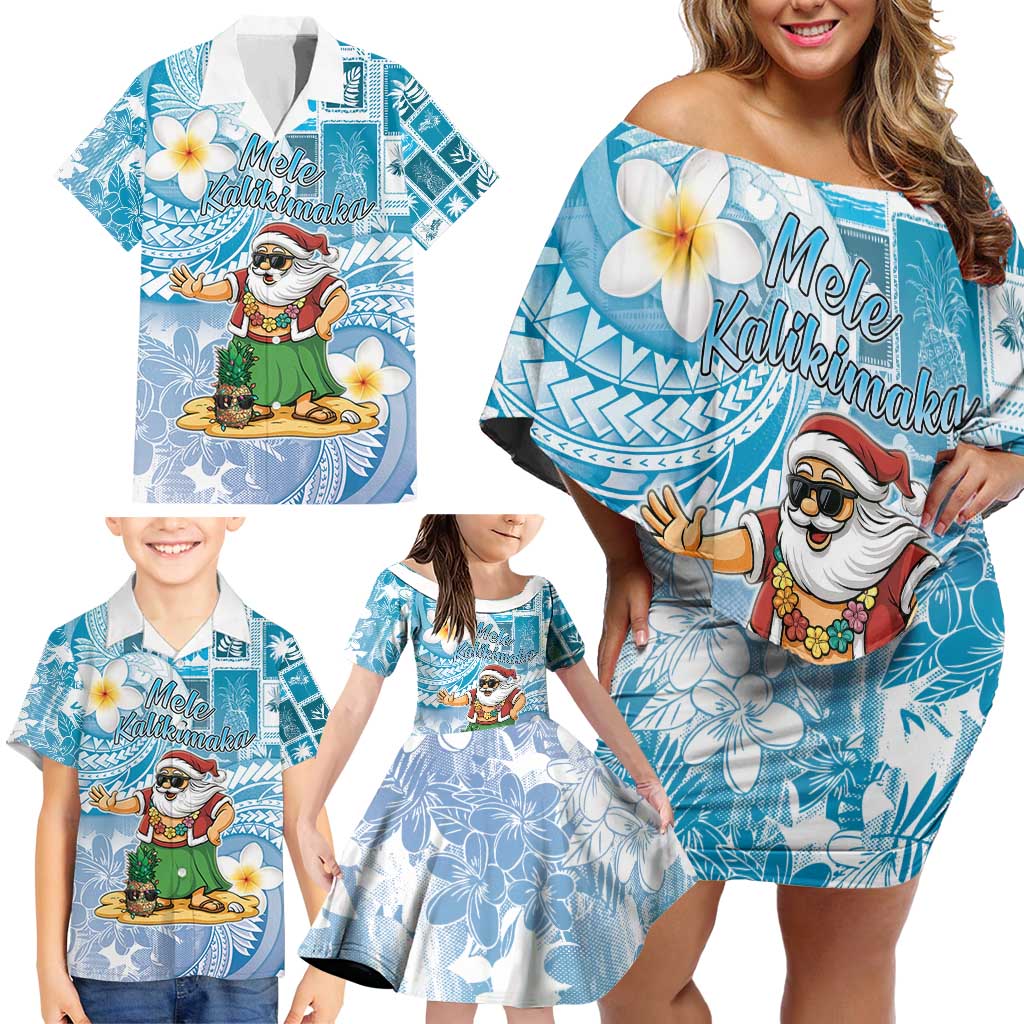 Hawaii Mele Kalikimaka Family Matching Off Shoulder Short Dress and Hawaiian Shirt Hula Santa Retro Style Blue LT05 - Polynesian Pride