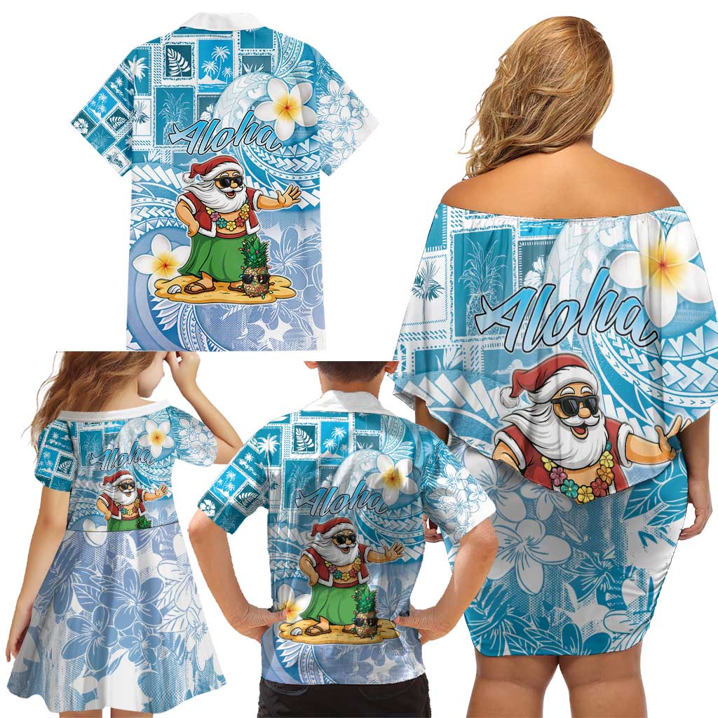 Hawaii Mele Kalikimaka Family Matching Off Shoulder Short Dress and Hawaiian Shirt Hula Santa Retro Style Blue LT05 - Polynesian Pride