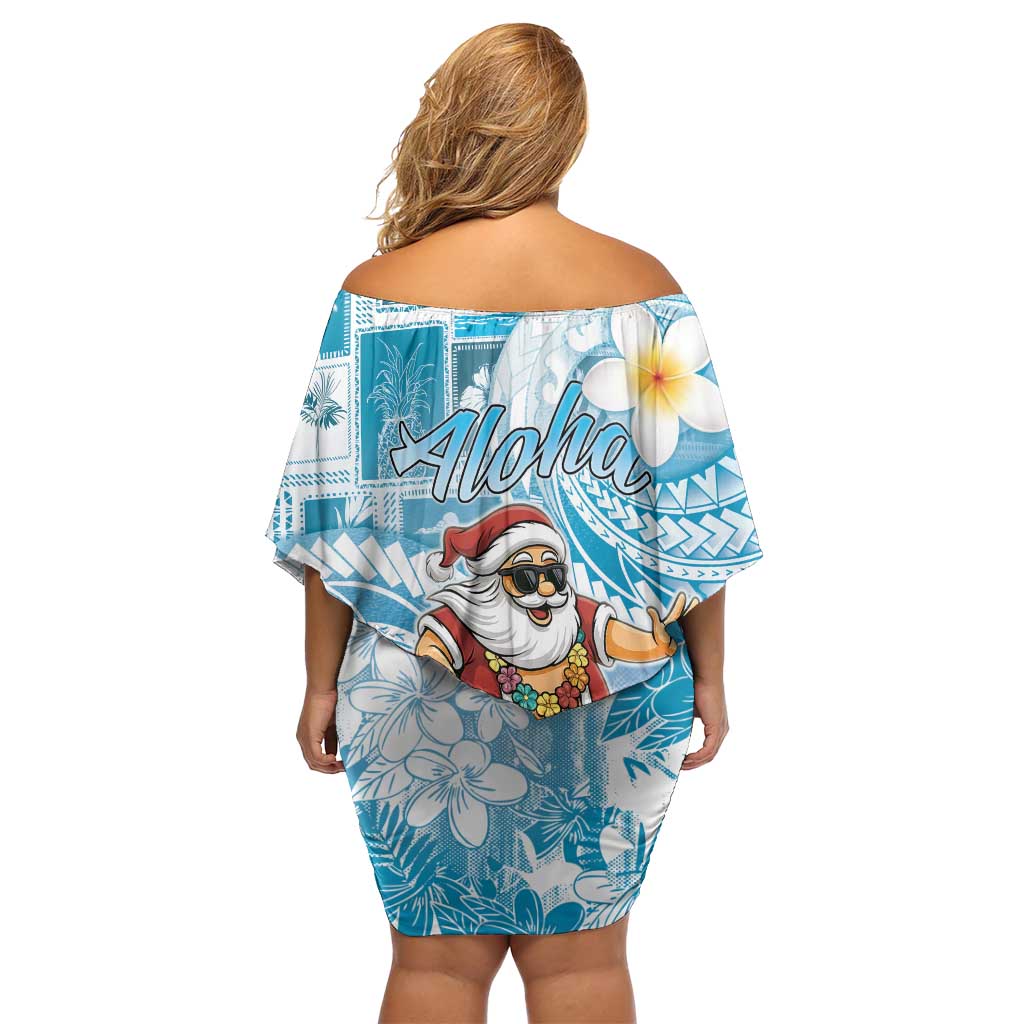 Hawaii Mele Kalikimaka Family Matching Off Shoulder Short Dress and Hawaiian Shirt Hula Santa Retro Style Blue LT05 - Polynesian Pride
