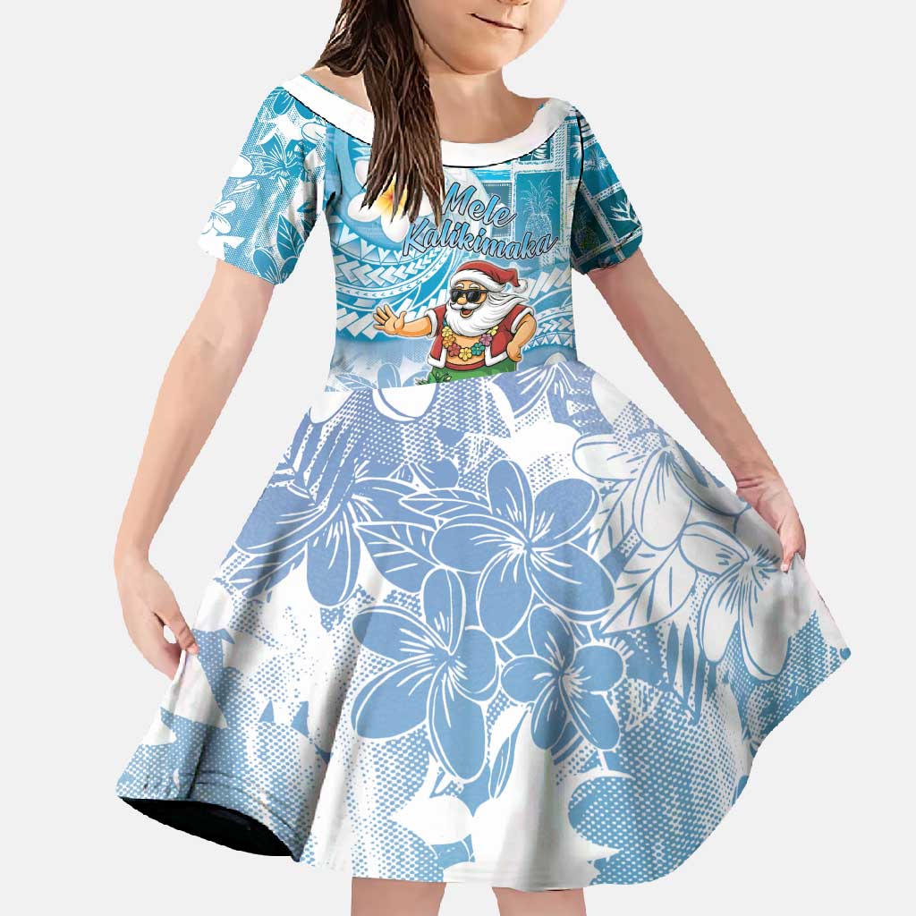 Hawaii Mele Kalikimaka Family Matching Short Sleeve Bodycon Dress and Hawaiian Shirt Hula Santa Retro Style Blue LT05 Daughter's Dress Blue - Polynesian Pride