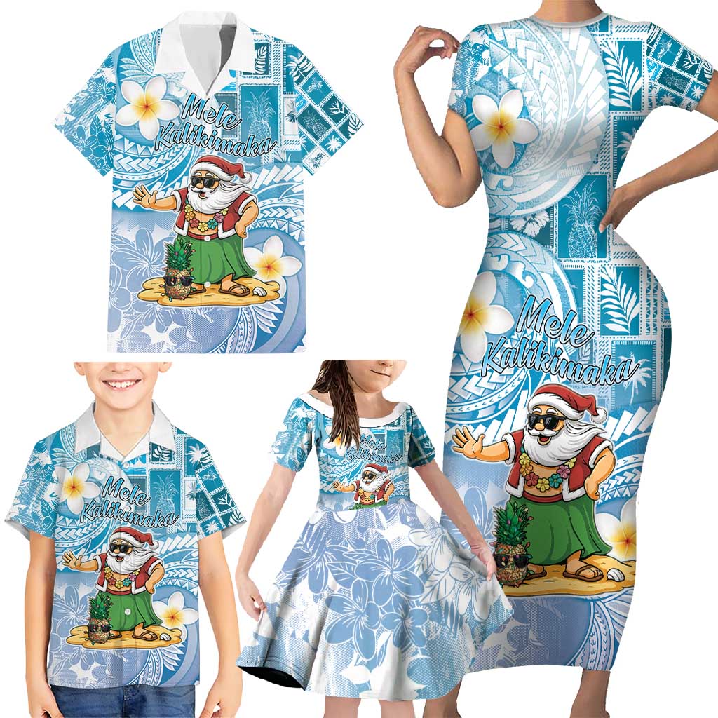 Hawaii Mele Kalikimaka Family Matching Short Sleeve Bodycon Dress and Hawaiian Shirt Hula Santa Retro Style Blue LT05 - Polynesian Pride
