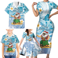 Hawaii Mele Kalikimaka Family Matching Short Sleeve Bodycon Dress and Hawaiian Shirt Hula Santa Retro Style Blue LT05 - Polynesian Pride